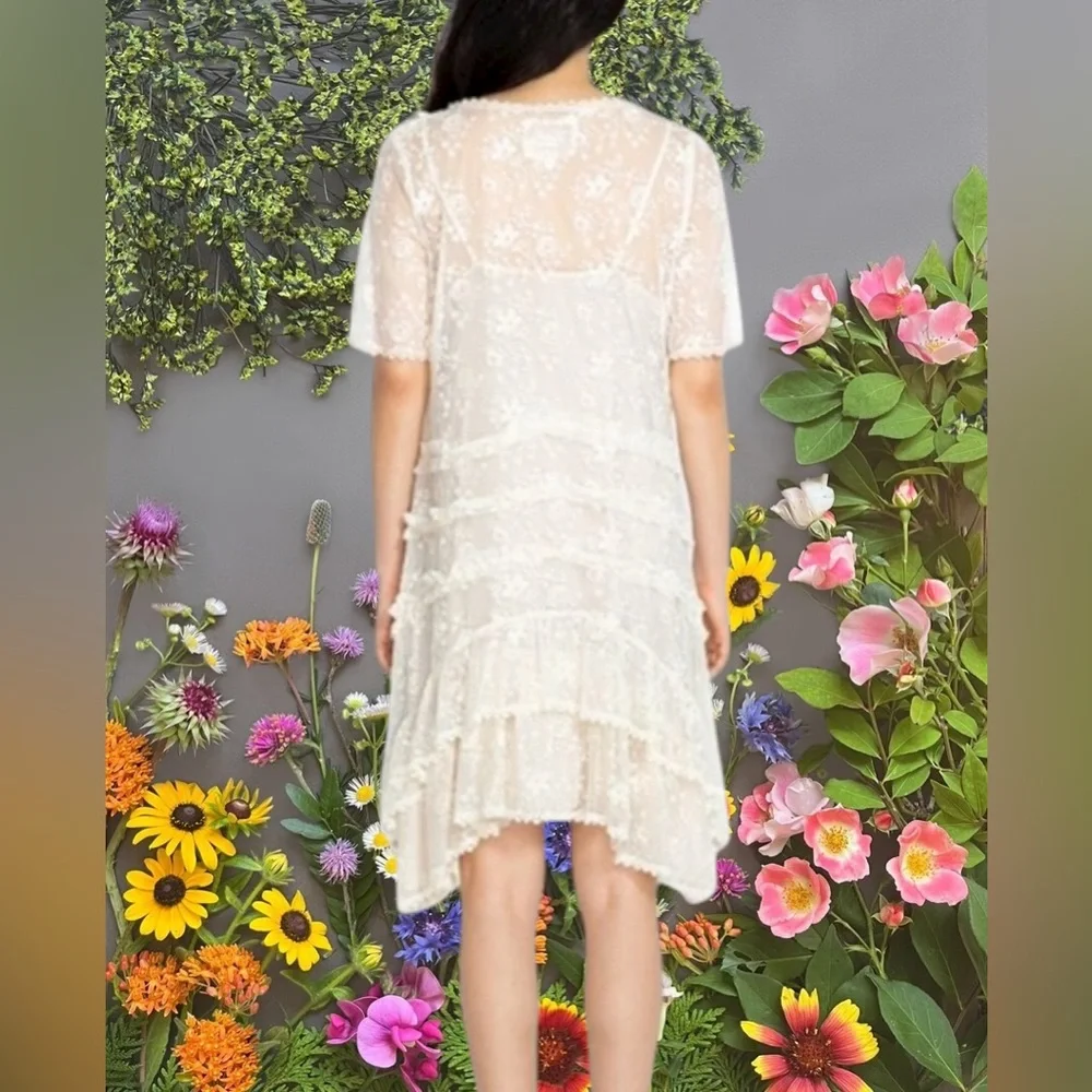 Johnny Was All White Lace Asymmetrical Short Sleeve Baby Doll Dress - Picture 11 of 13